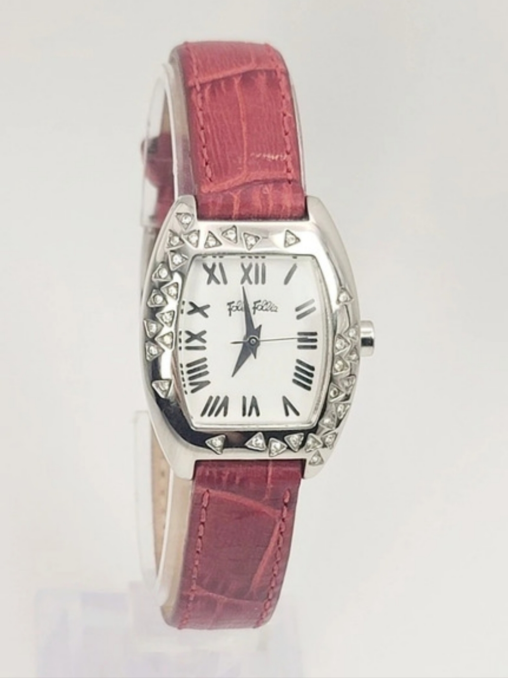 Folli Follie Steel Collection Tonneau Watch Crystal Bezel Red Leather